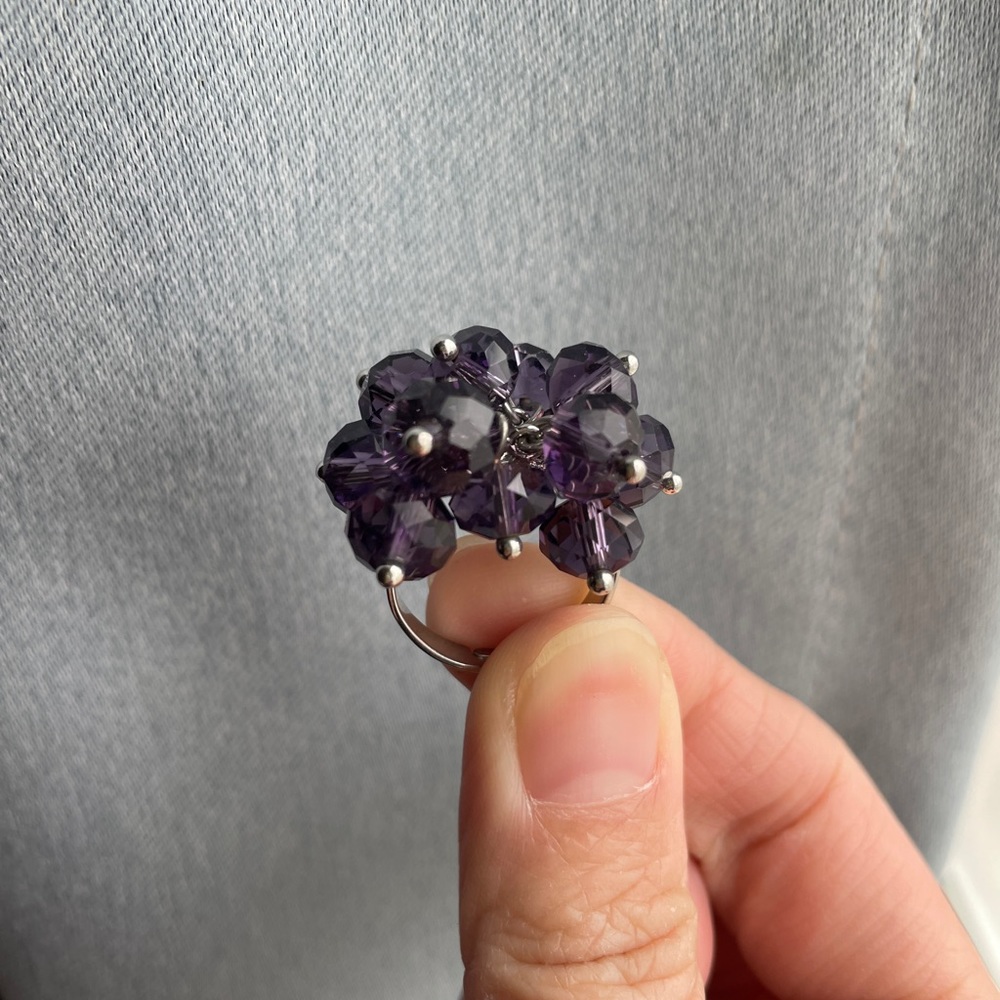 Dark purple beaded cluster statement ring - Adjustable